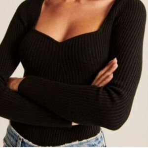 Abercrombie & Fitch long sleeve sweetheart neckline sweater bodysuit In Black